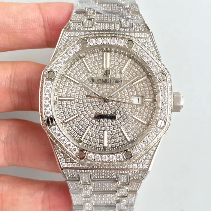 20180922110134513223 Audemars Piguet Royal Oak 15400.OR Full Diamond White Dial Replica Watch - UK Replica