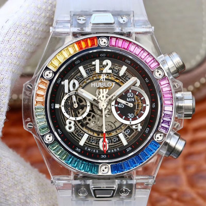 20190125110630463333 Hublot Big Bang Unico 411.JX.4802.RT Colorful Diamonds Bezel Skeleton Dial Replica Watch - UK Replica
