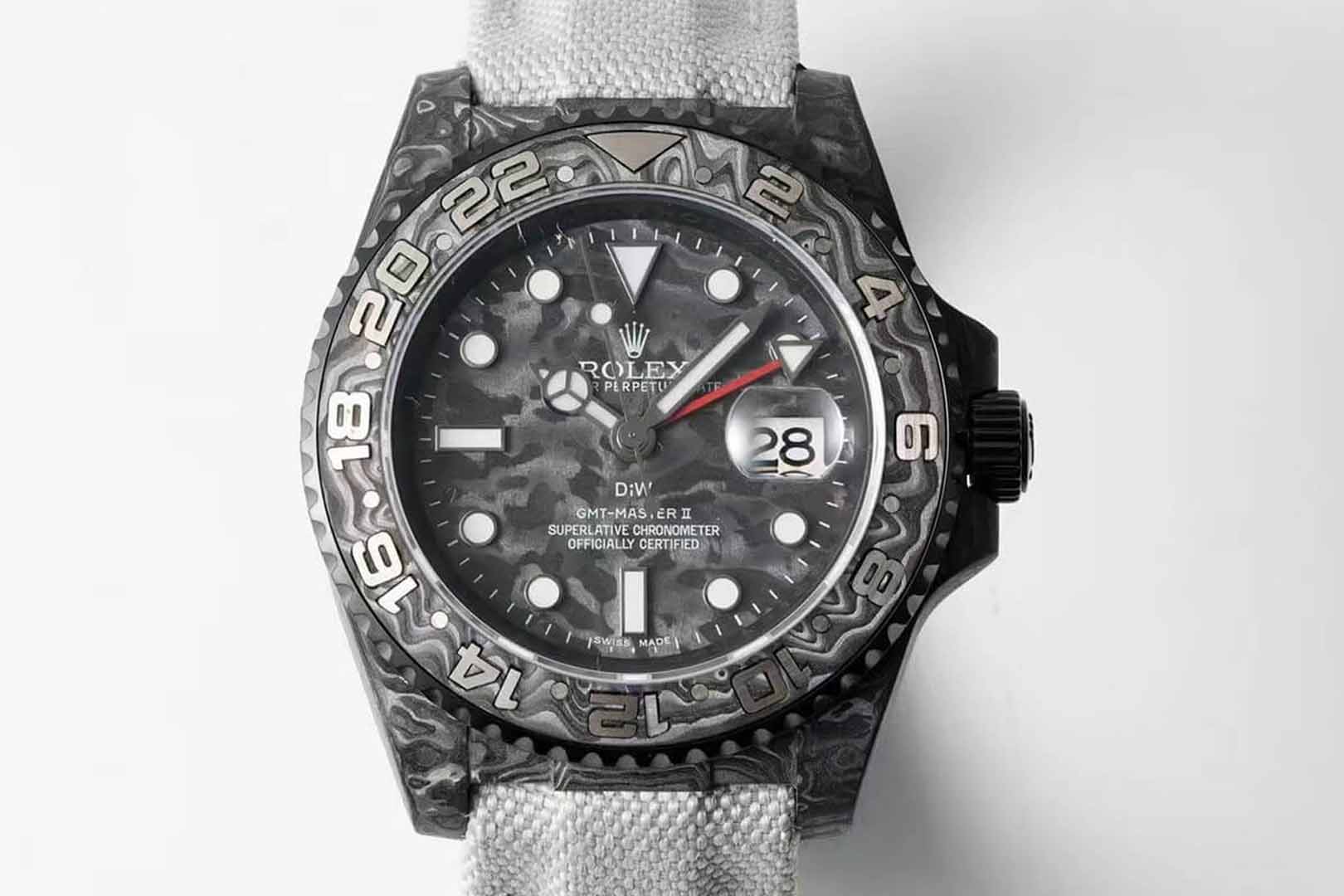 Rolex GMT-MASTER II Diw Carbon Fiber Dial Fabric Strap Replica Watch Rolex GMT-MASTER II Diw Carbon Fiber Dial Fabric Strap Replica Watch