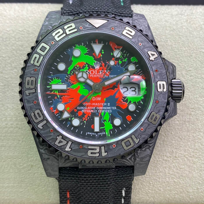 Rolex GMT-MASTER II Diw Carbon Fiber Color Dial Black Fabric Strap Replica Watch Rolex GMT-MASTER II Diw Carbon Fiber Color Dial Black Fabric Strap Replica Watch