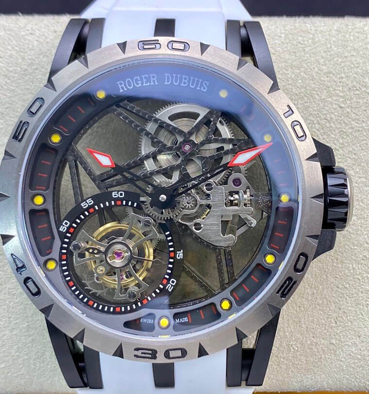 Roger Dubuis Excalibur RDDBEX0549 BBR Factory Tourbillon White Strap Replica Watch Roger Dubuis Excalibur RDDBEX0549 BBR Factory Tourbillon White Strap Replica Watch
